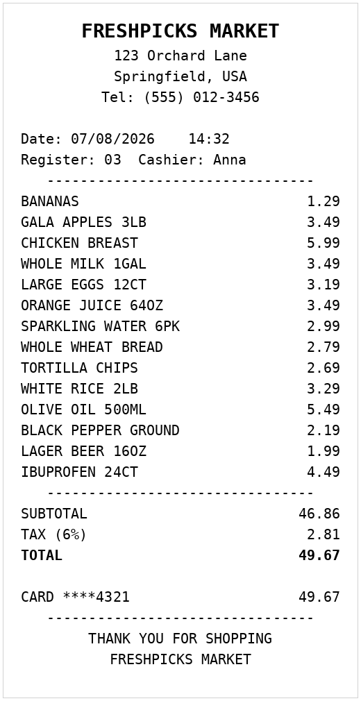 Sample grocery store receipt submitted for AI document processing in YAFFA