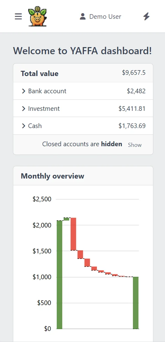 YAFFA personal finance dashboard screenshot