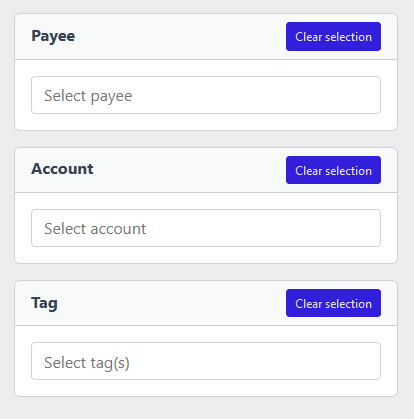 Screenshot of YAFFA personal finance web application, containing some filter options from the "find transactions" feature