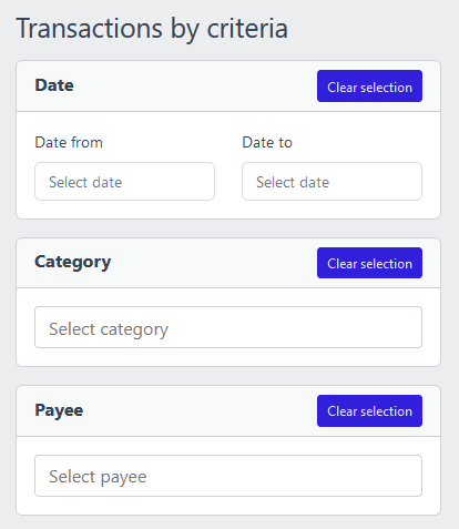 Screenshot of YAFFA personal finance web application, containing some filter options from the "find transactions" feature