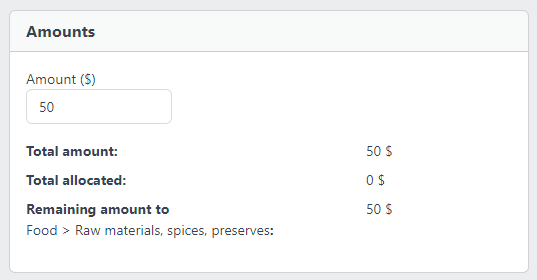 Screenshot of YAFFA personal finance application, when the amount of a transaction is allocated to the default category of the selected payee