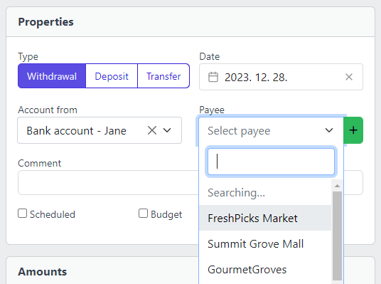 Screenshot of YAFFA personal finance application, when relevant payees are suggested while entering a new transaction